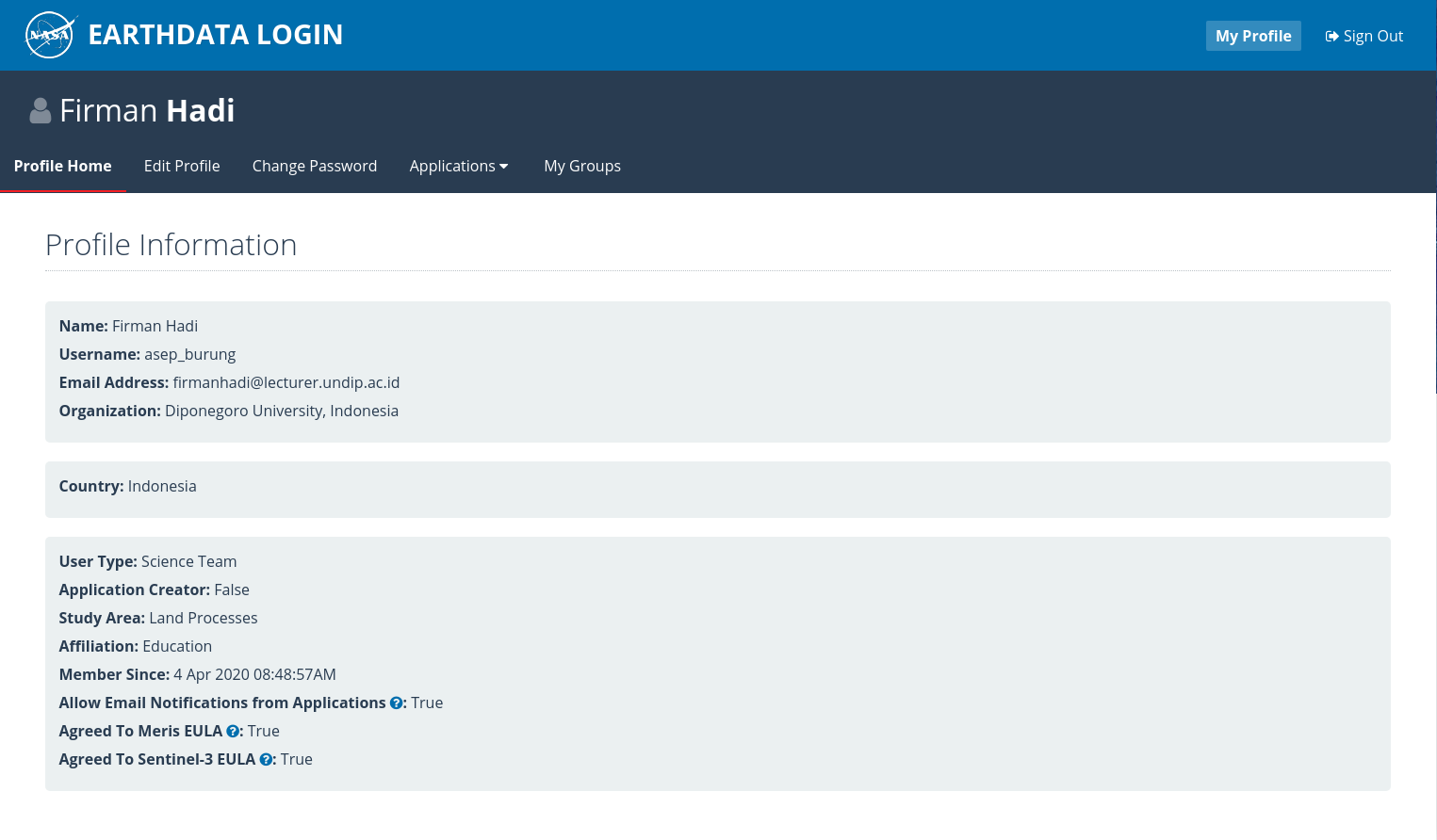 Registrasi user Earthdata telah berhasil