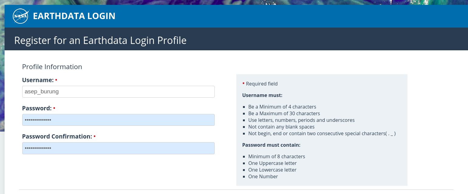 Registrasi user Earthdata - 2