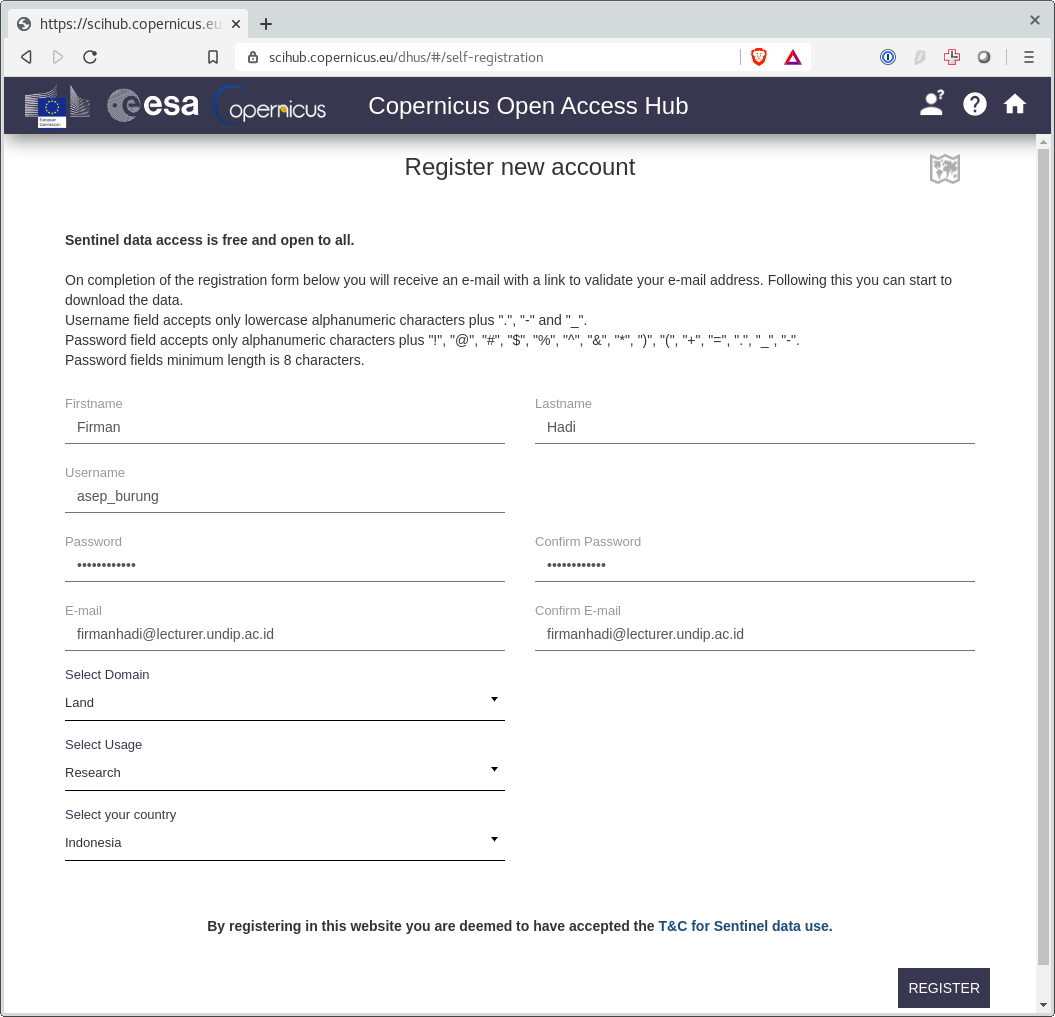 Registrasi user Copernicus Scihub - 2