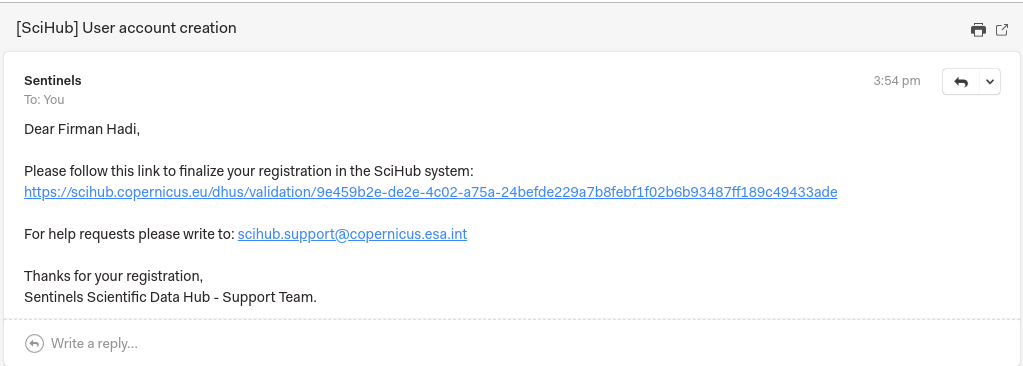 Cek email dari Copernicus Scihub