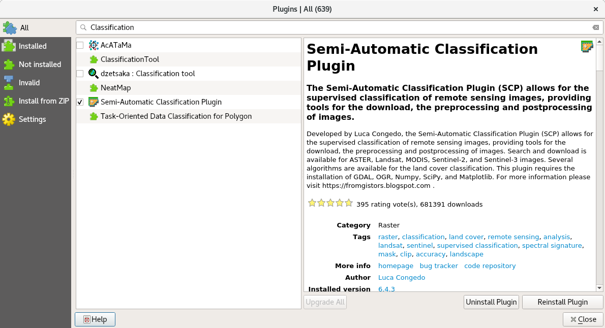 Plugin Semi-Automatic Classification Plugin telah terinstal