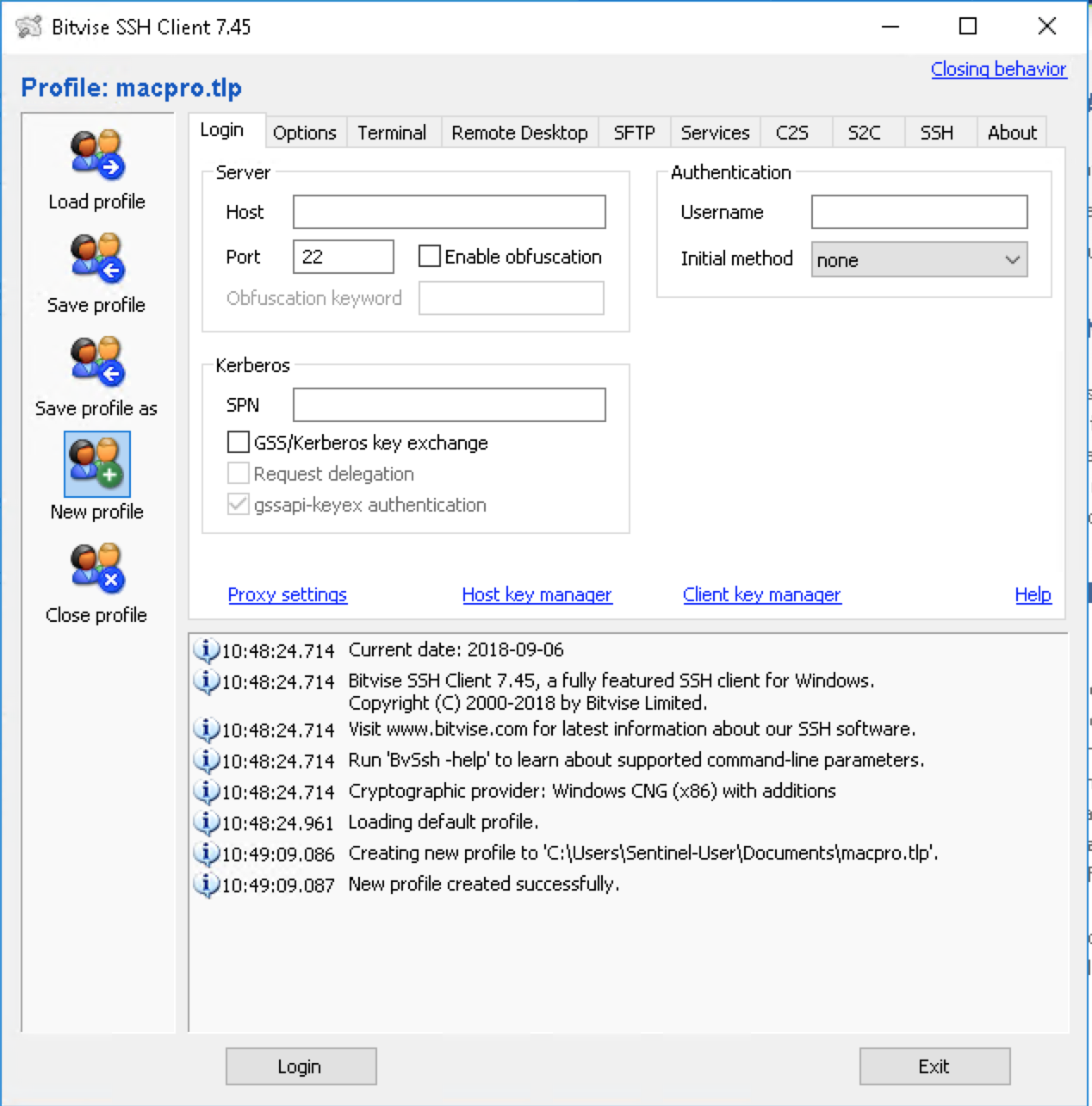 Create New Profile in BitVise SSH Client